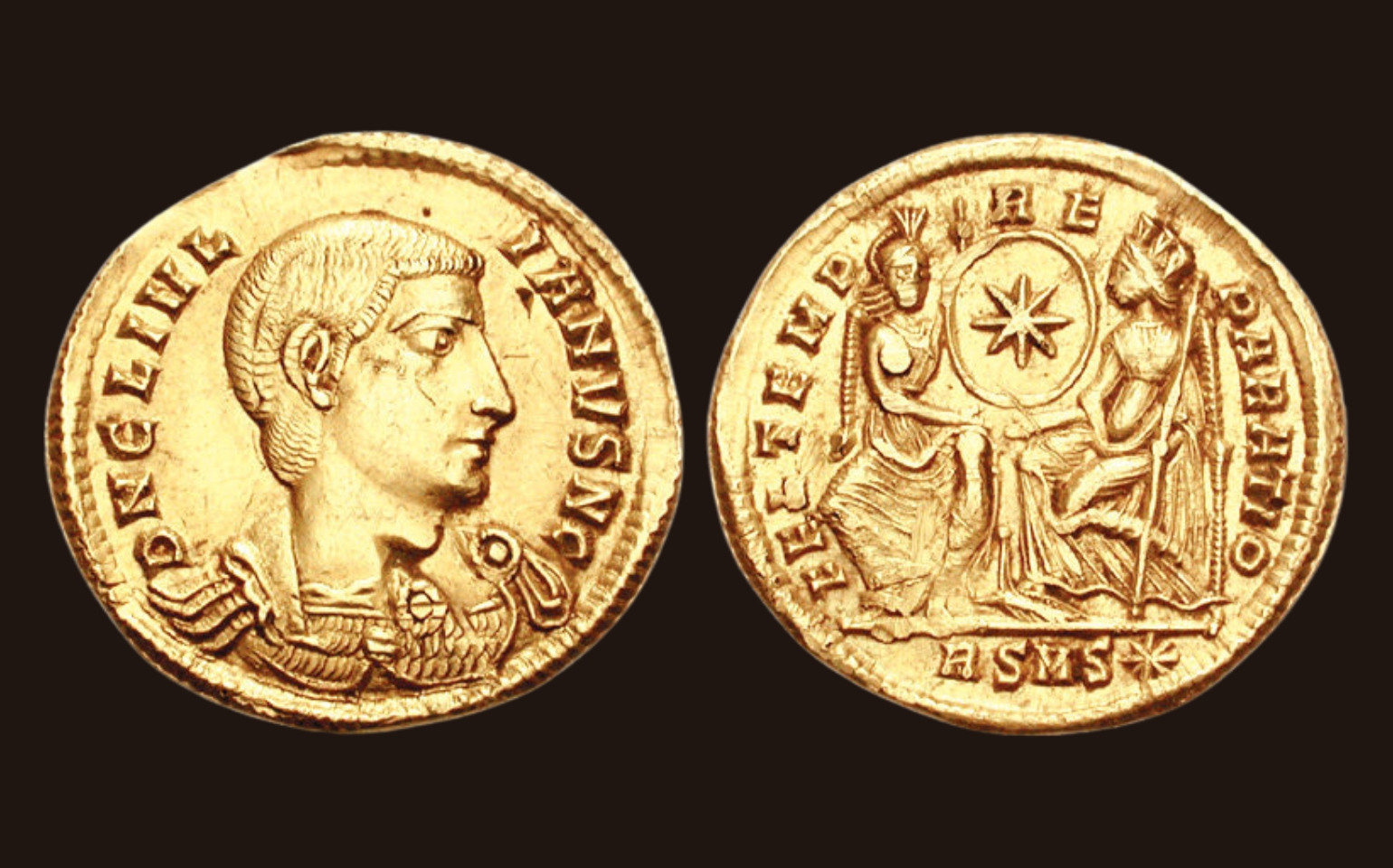 Sólido raro de oro acuñado en Roma entre los años 355 y 357 d. C., que representa a Juliano cuando este ostentaba aún el título de César.