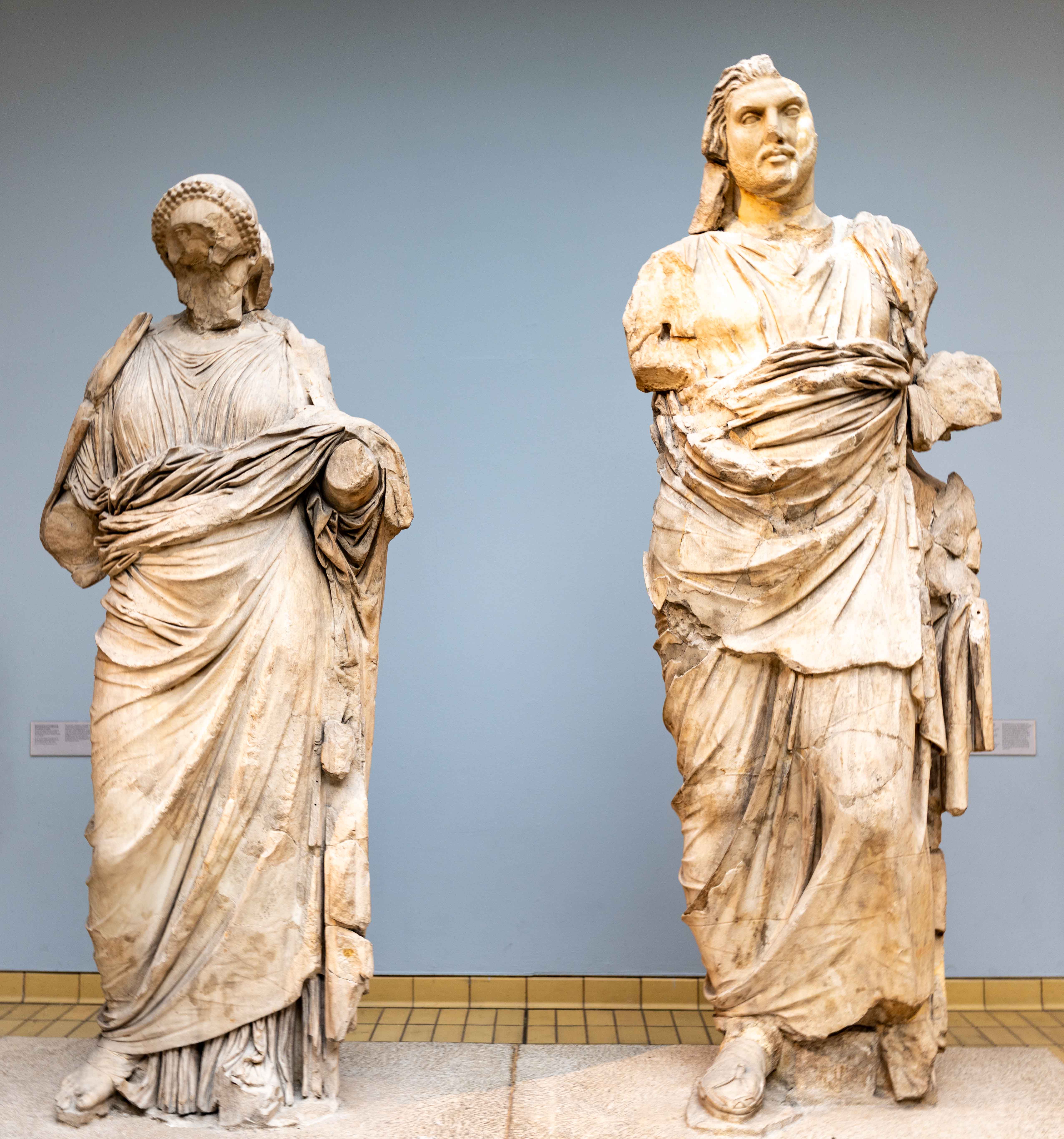 Colossal marble statues identified as Mausolus and Artemisia, c. 350 BCE, British Museum
