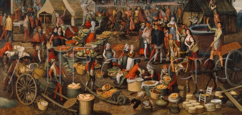Exchange begins, Marx argues, at the boundaries where one community meets another. Pieter Aertsen’s 1550 Market Scene is a masterpiece of the Northern Renaissance and a pioneering example of genre painting. The overflowing markets served as assertions of civic pride and economic prosperity in the Netherlands.