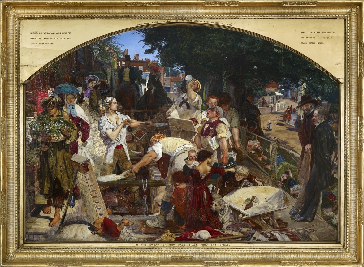 Ford Madox Brown's Work (1852–1865, Manchester Art Gallery) sets a gang of navvies digging a trench at the heart of a Hampstead street — the central excavator raised almost to the dignity of the Apollo Belvedere — and ranks around them a whole society sorted by its relation to labor: idle gentry on horseback in the shadows, ragged motherless children, a barefoot plant-seller who never learned a trade, and, at the right, the 'brain workers' Thomas Carlyle and F. D. Maurice looking on. Painted in the very city and decade in which Marx was writing, it is a Victorian hymn to the dignity of work — and so the sharpest possible frame for the chapter in which the capacity to work goes to market as a commodity to be bought and sold.