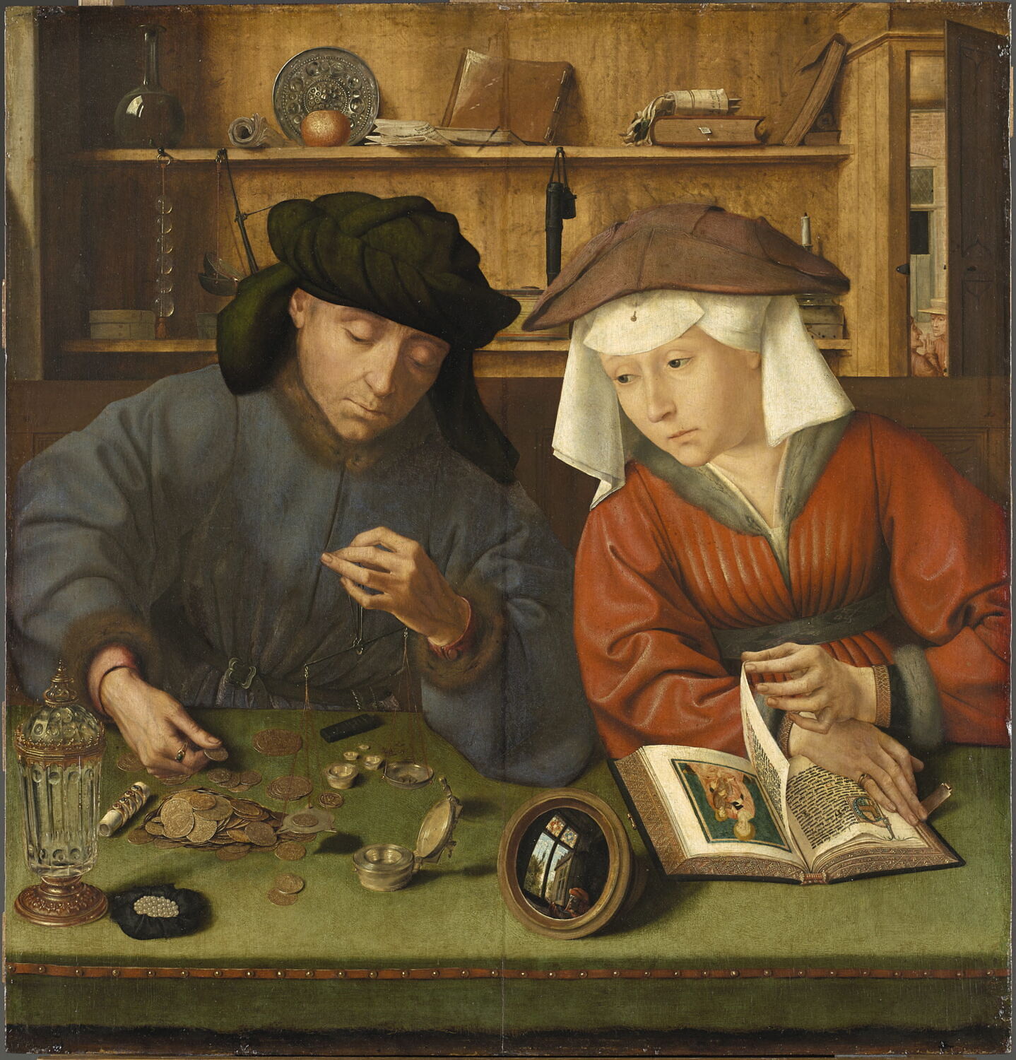 Where can profit come from? Quentin Matsys's The Money Changer and His Wife (1514, Musée du Louvre) sets a banker weighing coins and gold on a balance while his wife lets her gaze drift from an illuminated book of devotion to the glinting metal. A founding work of Antwerp genre painting, freighted with moral symbols — a snuffed candle, ripe fruit, a convex mirror — it portrays the very figure Marx interrogates in this chapter: the merchant whose eye is fixed on the scale, and whose trade, the argument runs, can weigh and redistribute value but never create it.