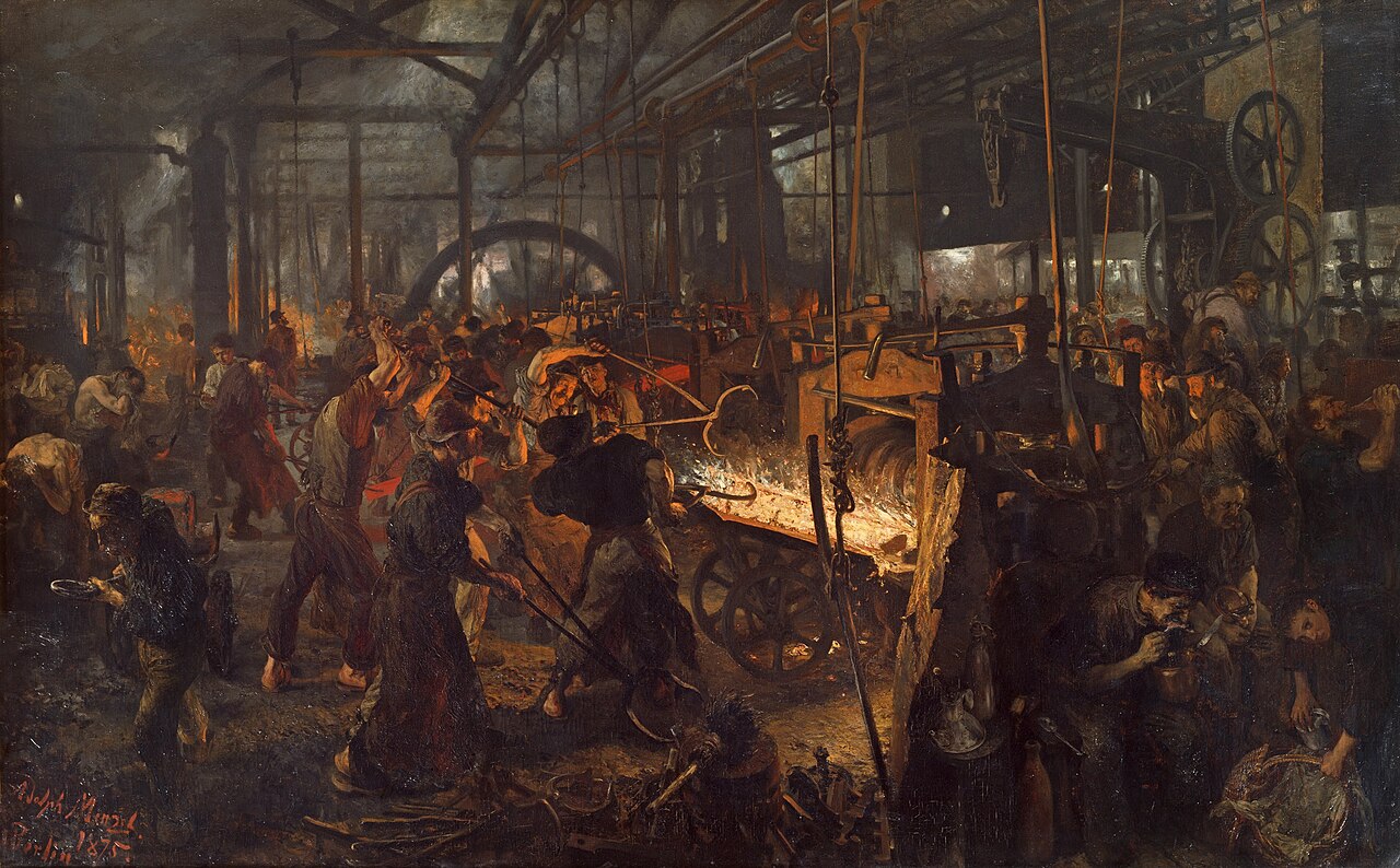 Adolph Menzel's The Iron Rolling Mill (1872–1875, Alte Nationalgalerie, Berlin), known almost at once as Modern Cyclopes, takes us inside the hidden abode of production: dozens of workers crowd an open hearth in a Silesian rail mill, wrestling glowing iron through the rollers amid heat, steam, and danger, while a knot of men snatch a meal at the left as one shift changes for another. Painted in the very decade of Capital, it is among the first canvases to put the industrial worker — not the owner, not the machine — at the dramatic center, and so the natural frame for the part of the book in which Marx descends from the marketplace to the workshop to force the secret of surplus-value.
